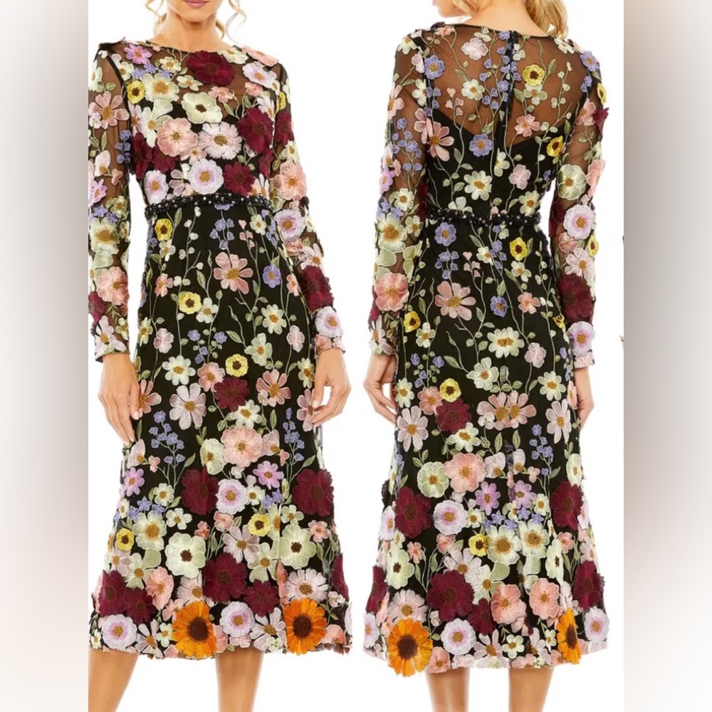 Mac Duggal Black Floral Embroidered Long Sleeve Midi Dress